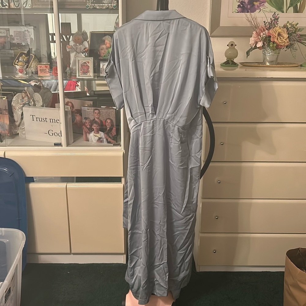 Smokey blue satin wrap dress